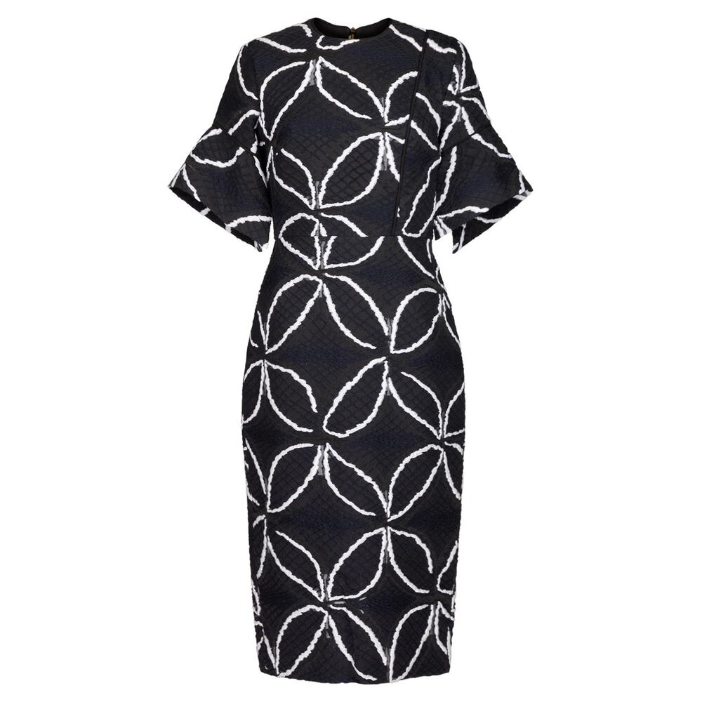Roland Mouret (4) Bancroft Geometric Embroidered Midi Dress Black White Designer